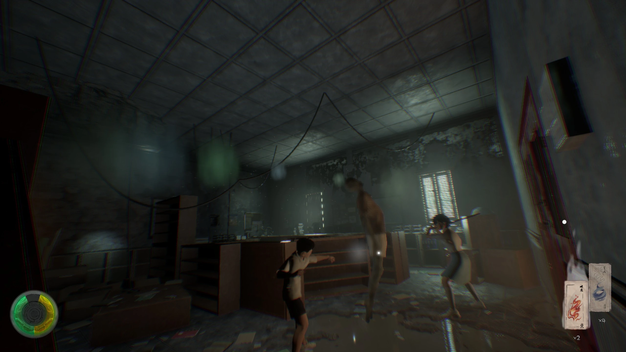 A corridor blocked by impossible floating furniture