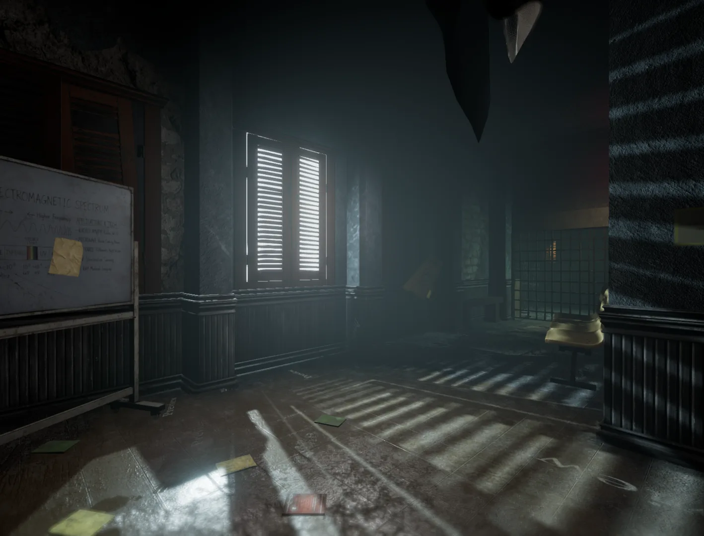 A mist-filled institutional corridor